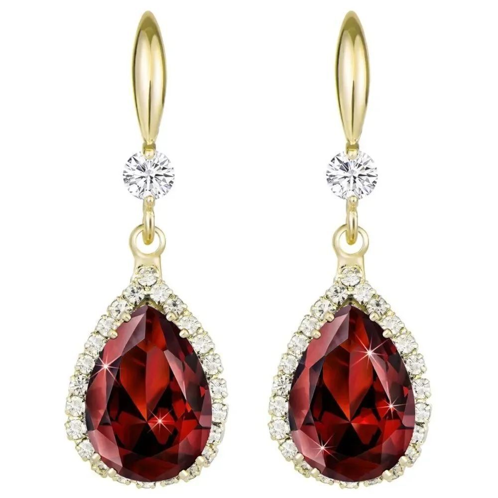 14K Yellow Gold with Red Garnet Cubic Zirconia Teardrop Hook Dangling Earrings